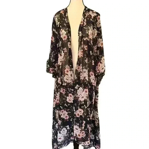 Torrid Womens Plus Size 1/2 Navy Pink Floral Chiffon Hi-lo Duster Boho Kimono - Picture 2 of 7
